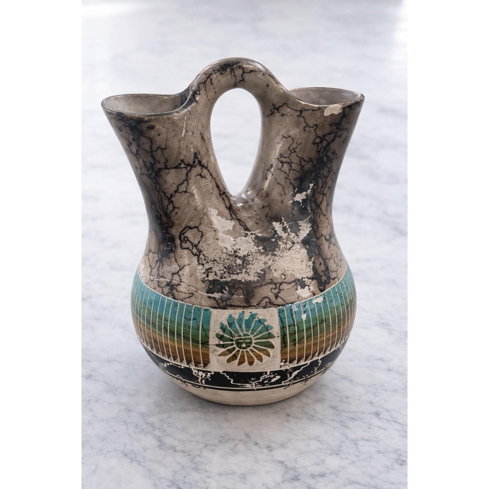 Authentic Navajo Horsehair Pottery Wedding Vase Native Art Double Spout 8"